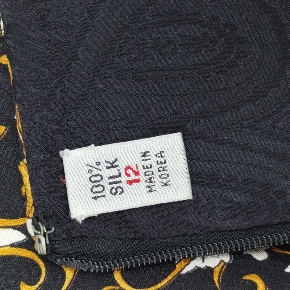 Adrianna Papell Silk Black Dress with Gold Leaf print size 12 Vintage - Picture 7 of 10